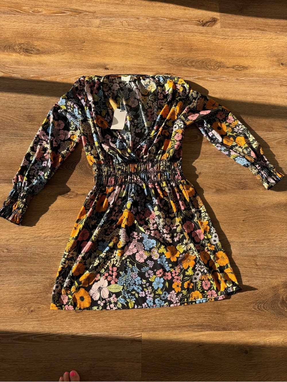 NWT Black Floral Smocked-Waist Long Sleeve Dress